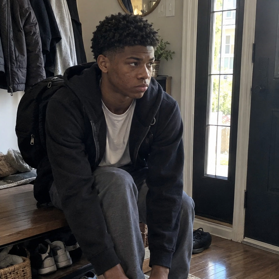 Young man noticing facial redness before leaving for school