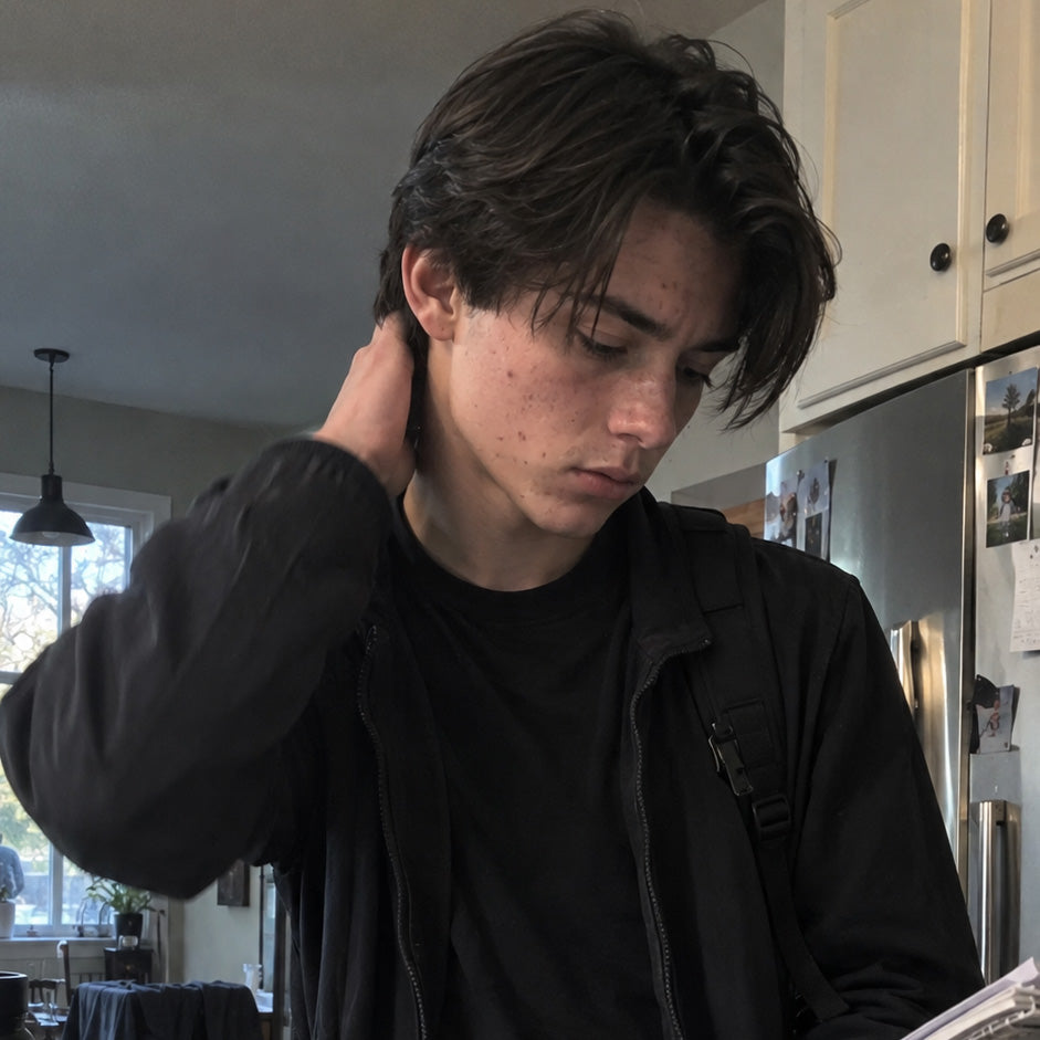 Man noticing a blemish while getting ready for wedding photos